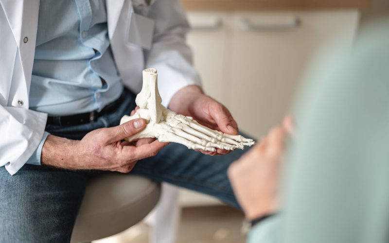Close up of a general practitioner showing bones of a foot on a skeleton